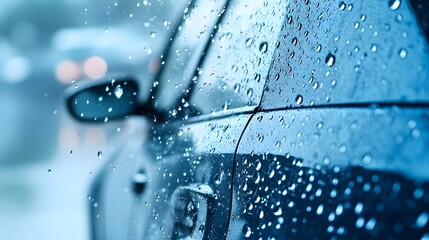 Poster - Rain is falling on car door and window, creating beautiful water drops