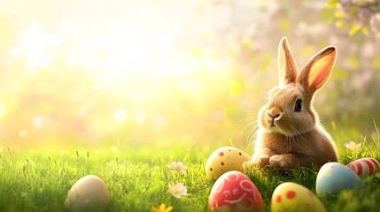 Wall Mural - easter bunny sitting in green grass with colorful easter eggs