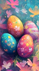 Poster - Colorful easter eggs lying on grass with flowers painting