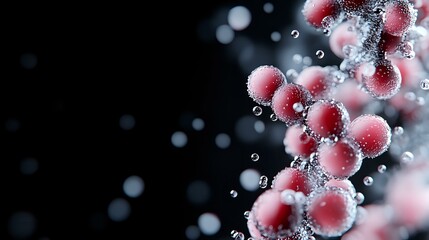 Poster - Microscopic view of red molecular structure with bubbles and particles floating in dark space, scientific research concept for biology or chemistry studies.