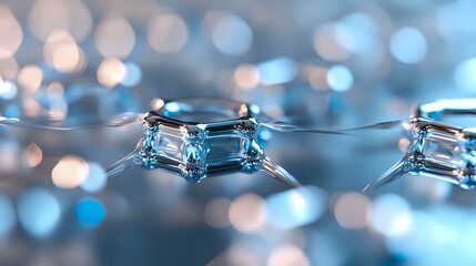Poster - Sparkling crystal clear water drops on thin wire against blurred blue bokeh background creating magical minimalist macro photography effect.