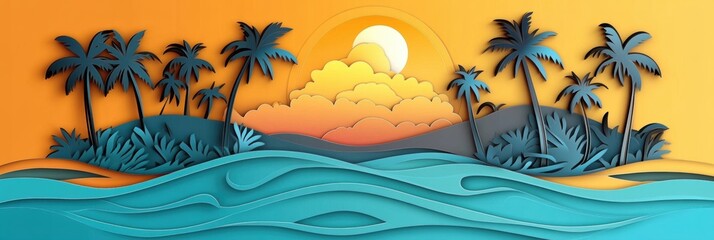 Aufkleber - Tropical island paradise with paper cut style layers showcasing palm trees, ocean waves, and a stunning glowing sunset Generative AI