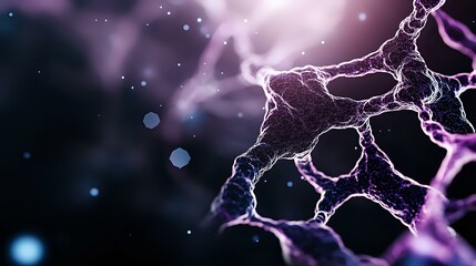 Poster - Purple and blue glowing neural network connections on dark background with light particles, showing synaptic activity and brain cell communication patterns.