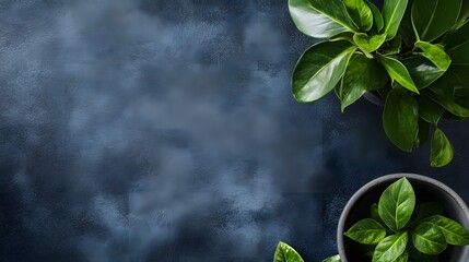 Aufkleber - Potted plants creating a frame on dark blue surface with copy space
