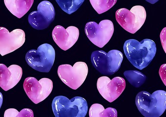Poster - Glossy pink and purple heart shapes scattered on black background create romantic pattern for valentines designs, wedding invitations and love themes.