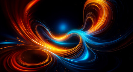Poster - abstract swirls of orange and blue light dance against a dark background. luminous trails create dyn