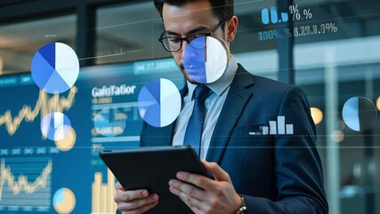 Poster - Business Professional Engaged in Digital Analytics with Tablet in Modern Office Environment
