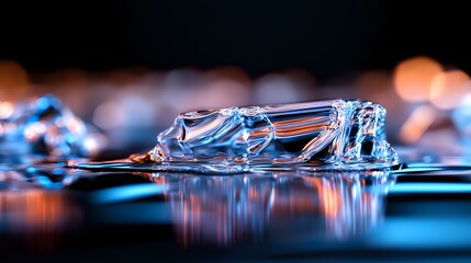 Poster - Macro photography of melting ice crystal formation on reflective surface with orange bokeh lights creating dramatic contrast in blue tones and reflections.