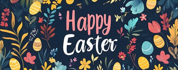 Poster - Happy easter greeting card with colorful eggs and flowers decorating a dark blue background