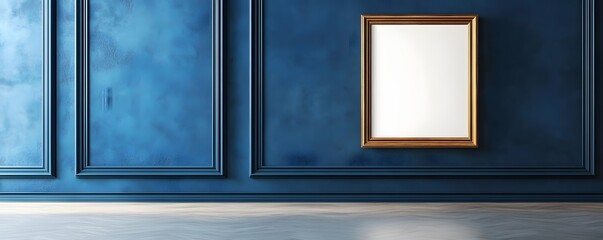 Aufkleber - Modern interior with empty golden frame hanging on classic blue wall