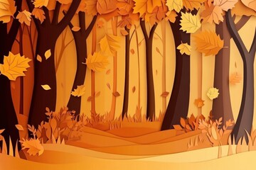 Aufkleber - Layered paper cut forest depicting autumn beauty with golden leaves and warm light creating a cozy atmosphere in nature Generative AI