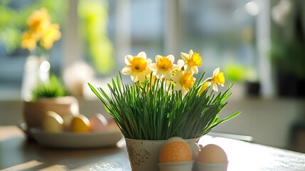 Wall Mural - easter eggs and daffodils creating a beautiful spring decoration on a table