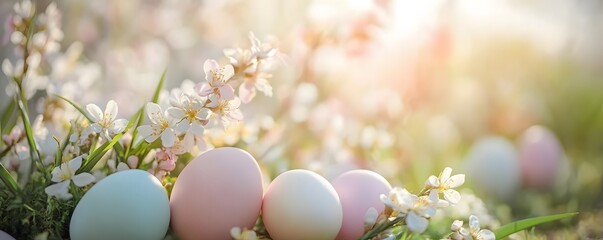 Poster - Pastel easter eggs hiding in blooming spring flowers