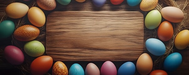 Poster - Colorful easter eggs framing rustic wooden board on table