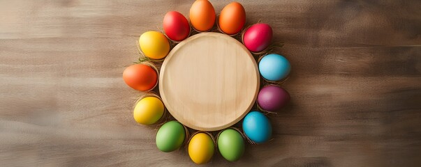 Poster - Colorful easter eggs arranged around empty wooden plate on rustic table