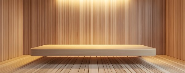 Aufkleber - Empty wooden podium illuminating warm light in room with plank walls and floor