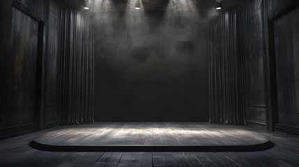 Poster - Empty stage with spotlights and black curtains illuminating wooden floor