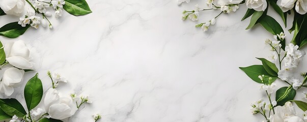 Poster - White spring flowers frame on marble background with copy space