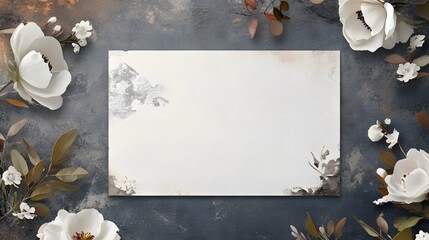 Poster - White flowers framing blank paper on dark background