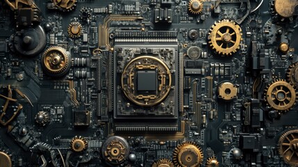 Fototapete - Steampunk-style circuit board with intricate gears and gold accents.