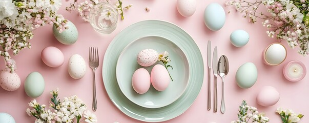 Poster - Easter table setting with pastel colored eggs and flowers decorating a pink background