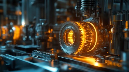 Poster - Close-up of intricate metallic gears illuminated with warm light, showcasing complex machinery and industrial design.