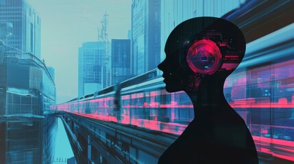 Poster - Futuristic woman silhouette with glowing brain, cityscape and train background.