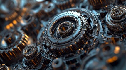 Poster - Close-up of intricate metallic gears and cogs interlocked in a complex mechanism.