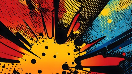 Poster - Colorful comic book exploding action background with halftone dots
