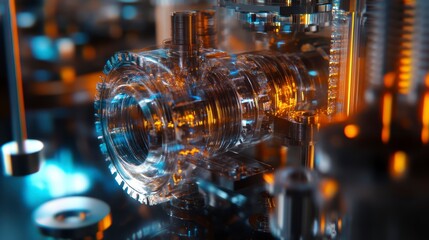 Poster - Close-up of intricate transparent gears and mechanical parts with warm and cool lighting.
