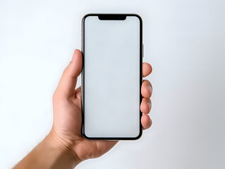Poster - hand holding modern smartphone with blank white screen against light background, mockup for app or w