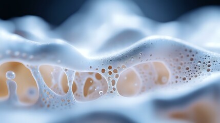 Poster - Abstract macro photography of soap bubbles and foam creating organic shapes in white and orange colors against blurred background. Artistic close-up for creative designs.