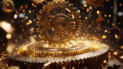 Poster - Golden gear mechanism with sparks, close-up.