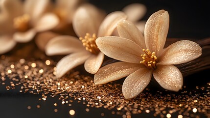 Poster - Delicate beige flowers with water drops on dark background surrounded by golden glitter sparkles, creating romantic and luxurious mood for spa designs.