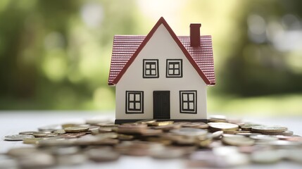 Poster - Miniature house standing on pile of coins symbolizing investment and savings