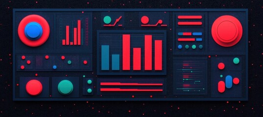 A vibrant, abstract interface featuring colorful graphs, buttons, and data visualizations against a dark background.