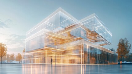 Poster - Modern glass building architectural rendering, showcasing innovative design and transparent structure.