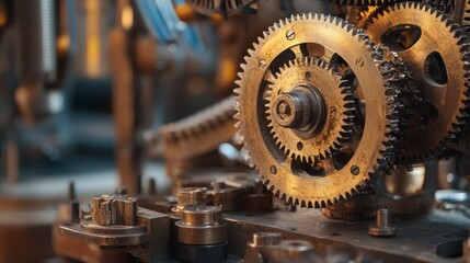 Poster - Close-up of intricate antique brass gears interlocked, showcasing mechanical precision and craftsmanship.