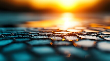 Poster - Dramatic sunset reflection on textured water surface creates abstract pattern with golden light and teal tones, macro photography showing ripples and bokeh effect.