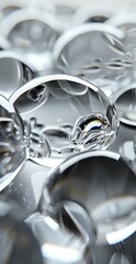 Poster - Macro view of water drops on metallic silver surface creating abstract reflective patterns and curved shapes. Artistic close-up showing liquid transparency and light play.