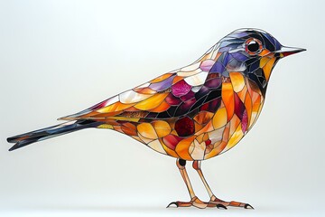 Poster - Colorful stained glass style bird illustration with vibrant orange, purple, and blue geometric shapes forming mosaic pattern on white background, artistic nature design.