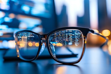 Eyeglasses reflecting digital data and city lights with bokeh effect in background, modern technology concept for business analytics and smart solutions.
