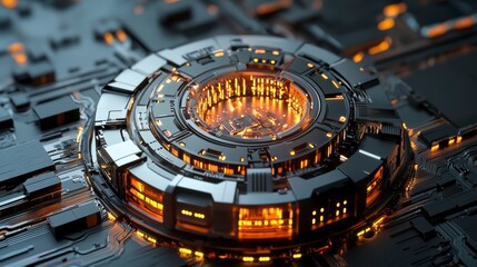 Aufkleber - Close-up of a futuristic, circular technological device with glowing orange elements embedded in a dark gray circuit board.