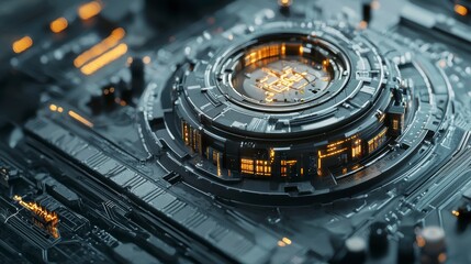 Poster - Close-up of a futuristic, circular technological device with glowing orange accents, intricate details, and metallic textures.