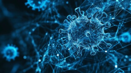 Fototapete - microscopic view of a virus, detailed 3d rendering, blue tones, network connections.