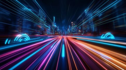 Aufkleber - Futuristic city nightscape with vibrant light trails and digital interface elements.