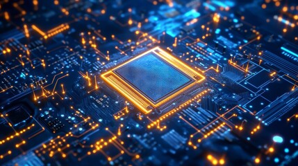 Fototapete - Close-up of a central processing unit (CPU) on a circuit board, glowing orange and blue.
