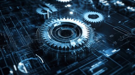 Poster - Close-up of intricate metallic gears and digital circuit board, representing complex mechanics and technology.