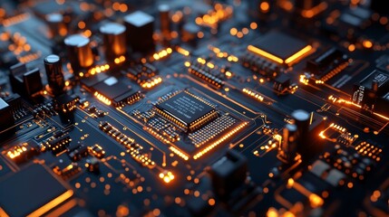 Fototapete - Close-up of illuminated circuit board with central processor.