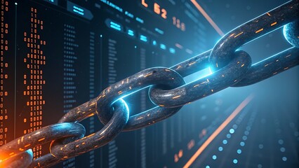 A digital chain link with binary code background symbolizing blockchain technology security system